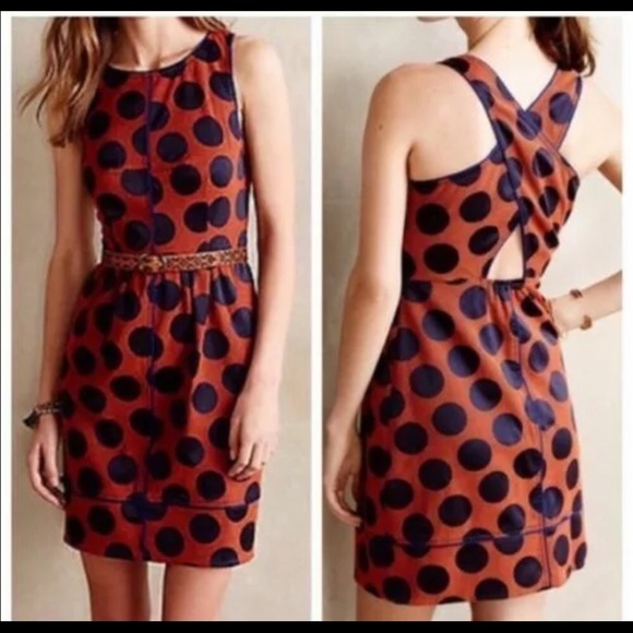 Anthropologie Maeve Orange and Navy Polkadot Dress